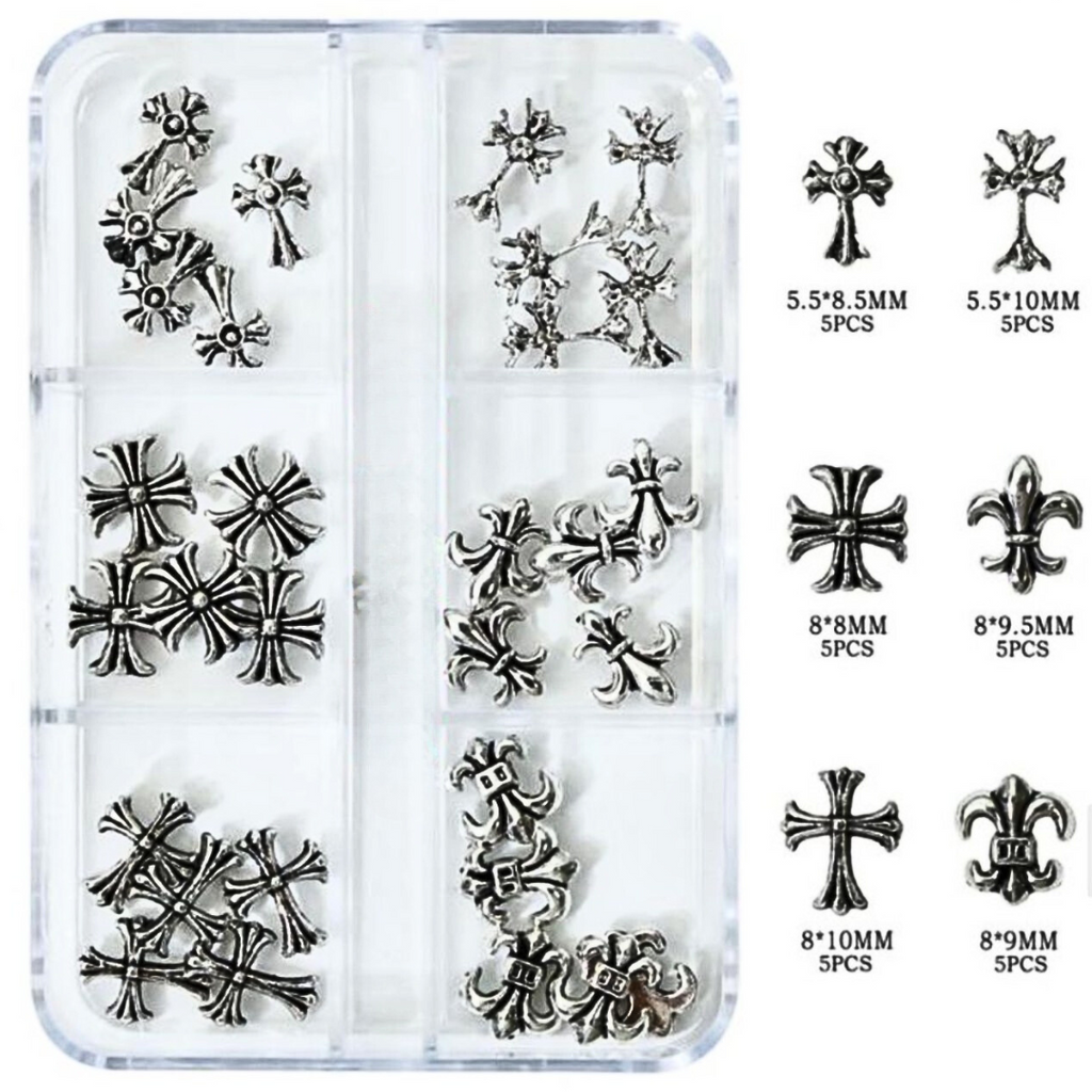 Mixed Metallic Silver Cross Nail Charms (30pcs)